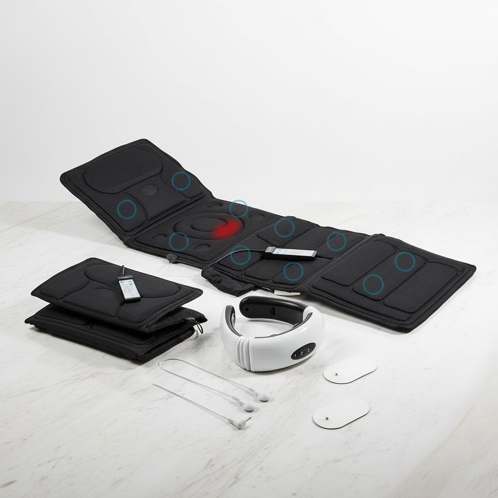 Pack bien-être Harmonialife — Matelas de vibration Vhemat et masseur cou & dos Calmagner posés sur fond marbre clair