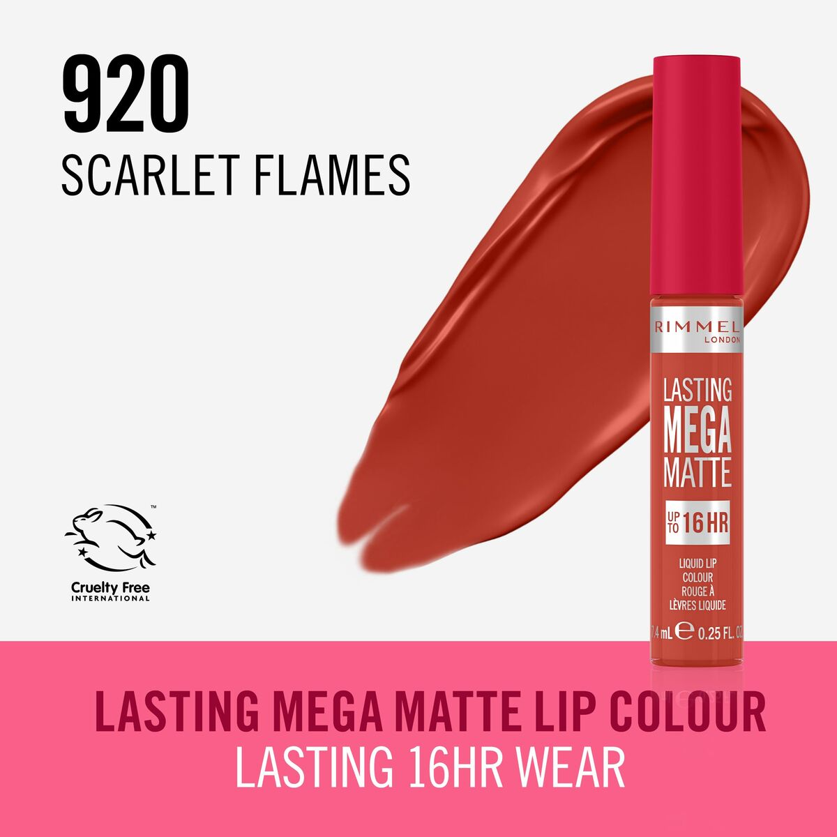 Rouge à lèvres liquide mat Rimmel London Lasting Mega Matte Nº 920 pour maquiller les lèvres.