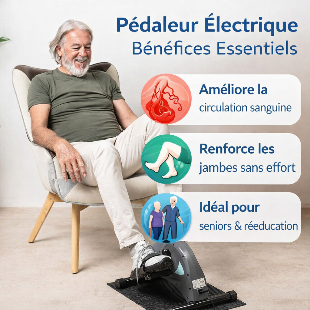 Personne âgée assise utilisant un pédaleur électrique Velora 3000 pour améliorer la circulation et renforcer les jambes, exercice doux à domicile.
