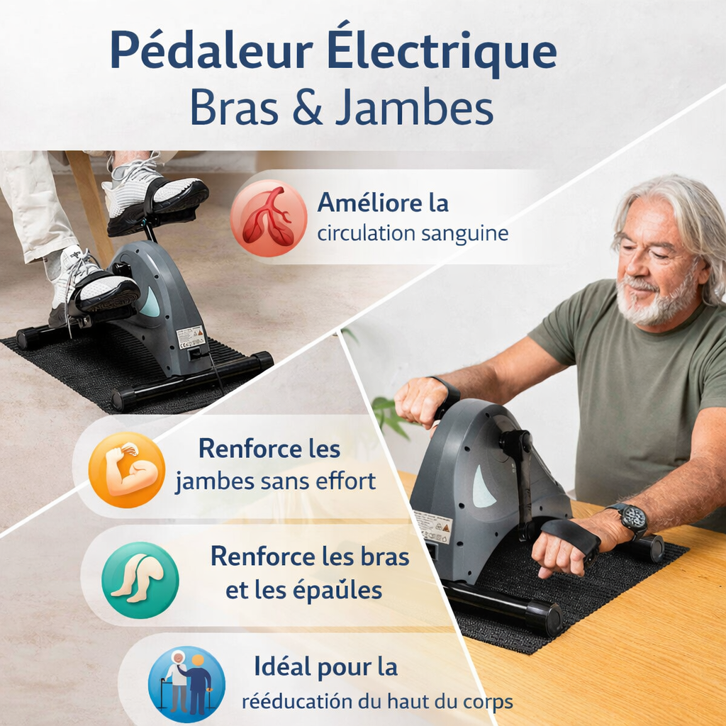 Personne âgée utilisant le pédaleur électrique Velora 3000 InnovaGoods pour les bras et les jambes, exercice doux de rééducation et renforcement musculaire à domicile.