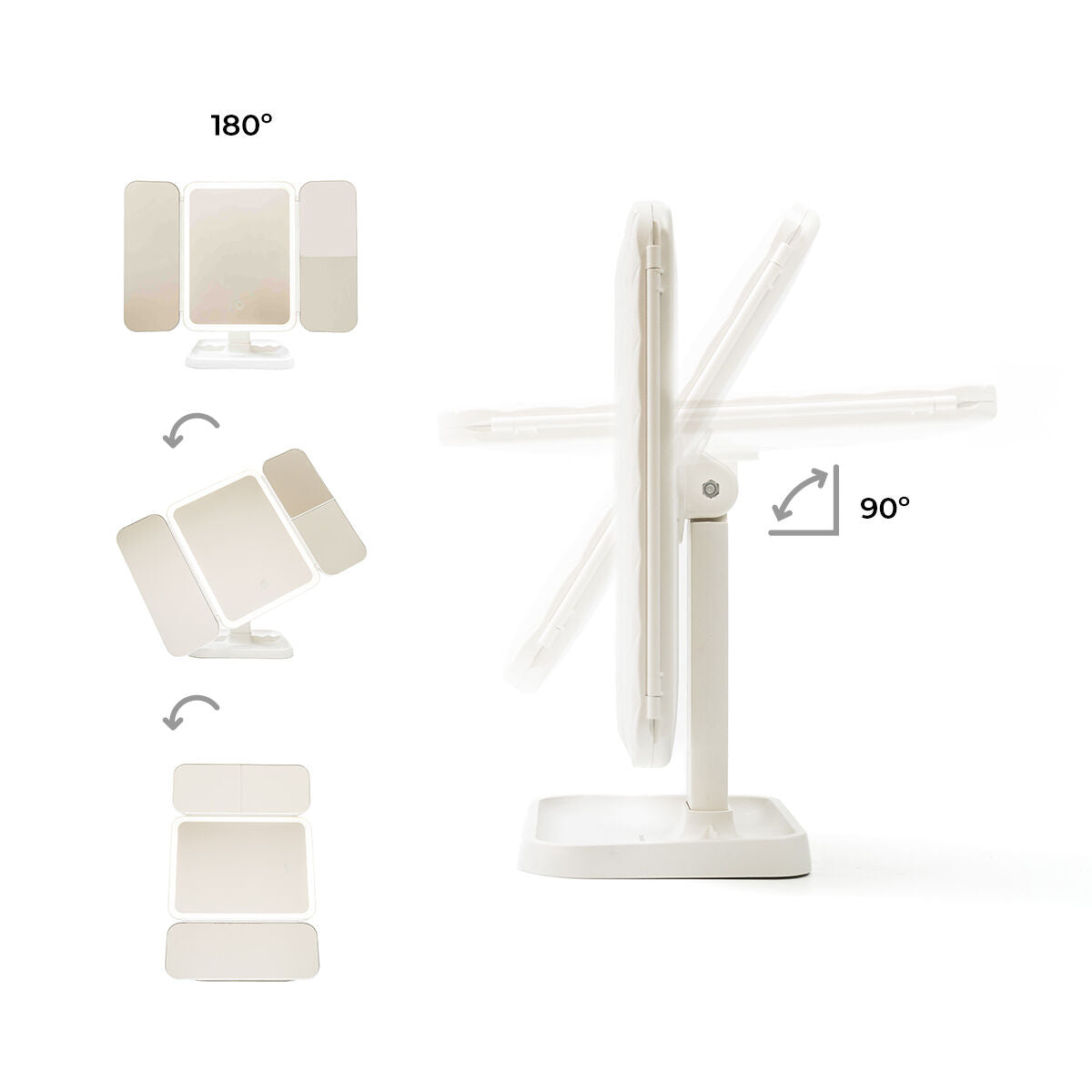 Miroir de maquillage triptique avec éclairage LED intégré et volets ajustables.