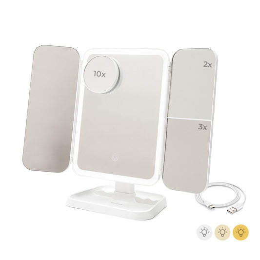 Miroir de maquillage triptyque rechargeable Miled InnovaGoods ouvert avec éclairage LED