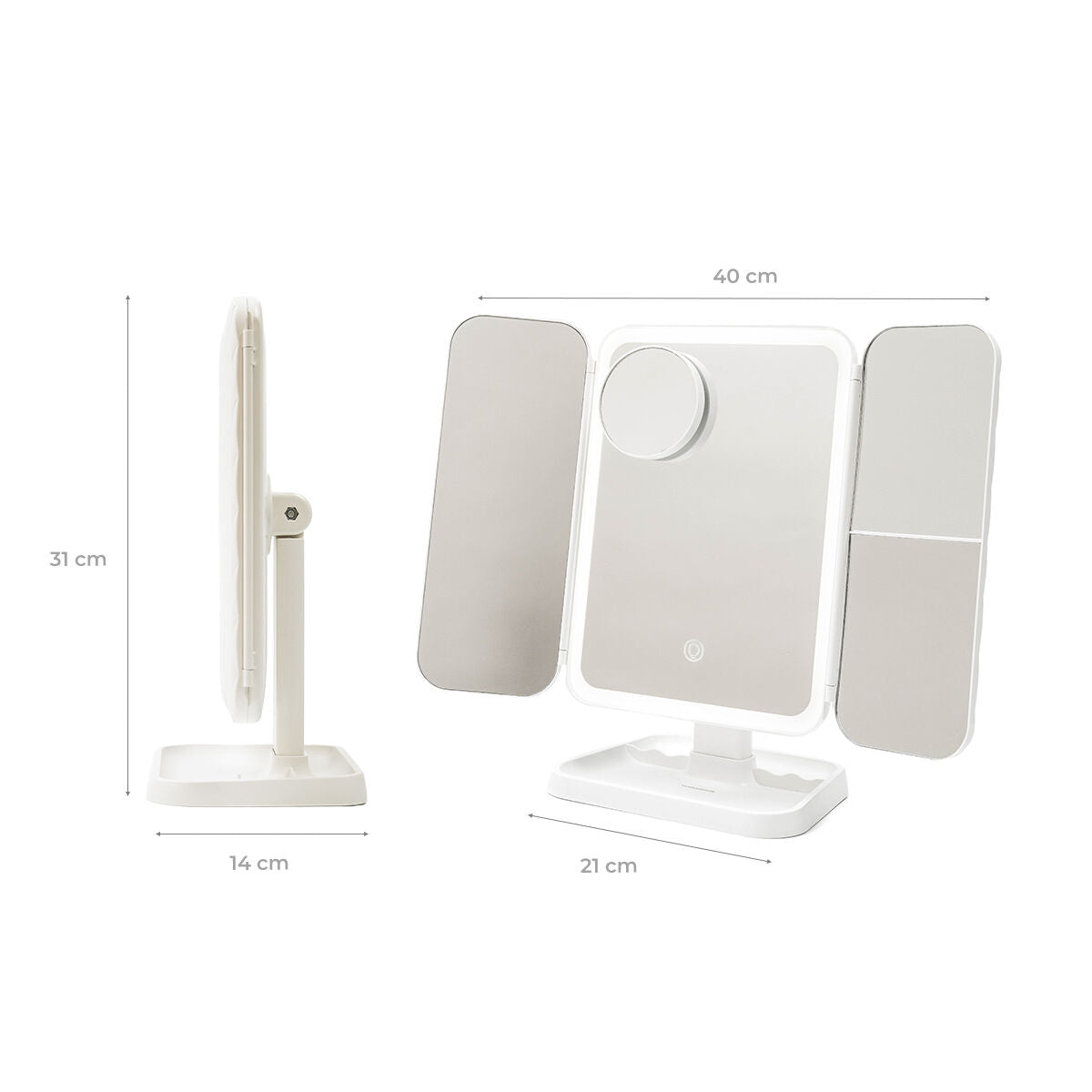 Miroir de maquillage triptique avec éclairage LED intégré et volets ajustables.